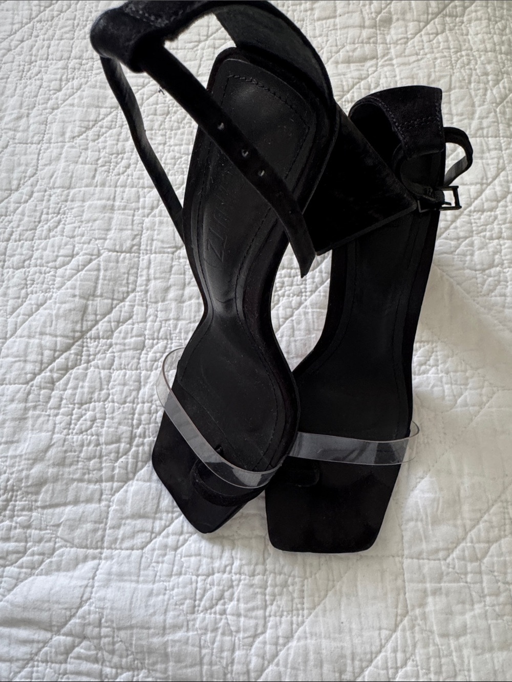 SCHUTZ Black Suede Block Heel Sandals with Clear Toe Strap